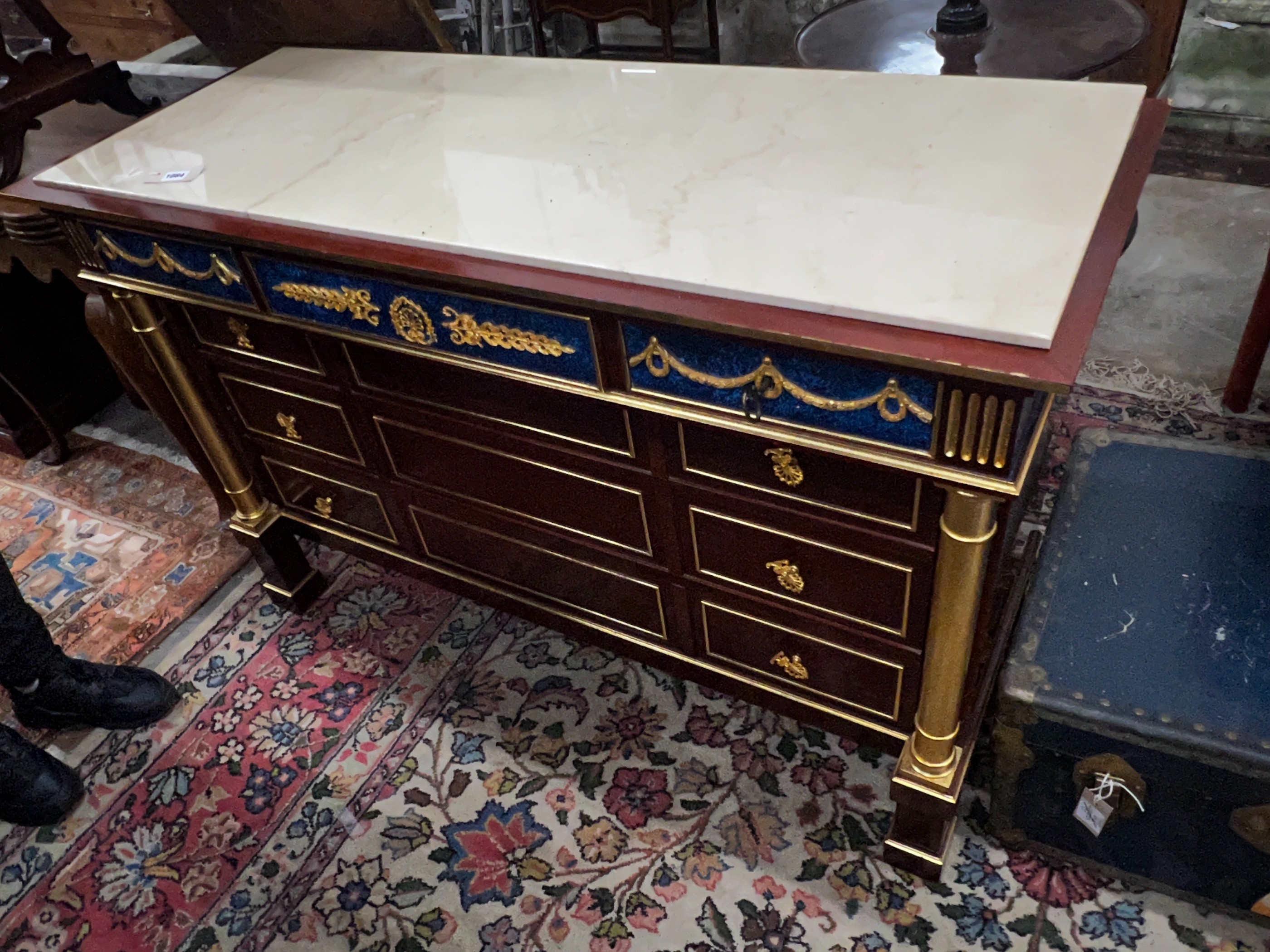 An Empire style faux malachite parcelgilt mahogany marble top commode, width 130cm, depth 50cm, height 85cm